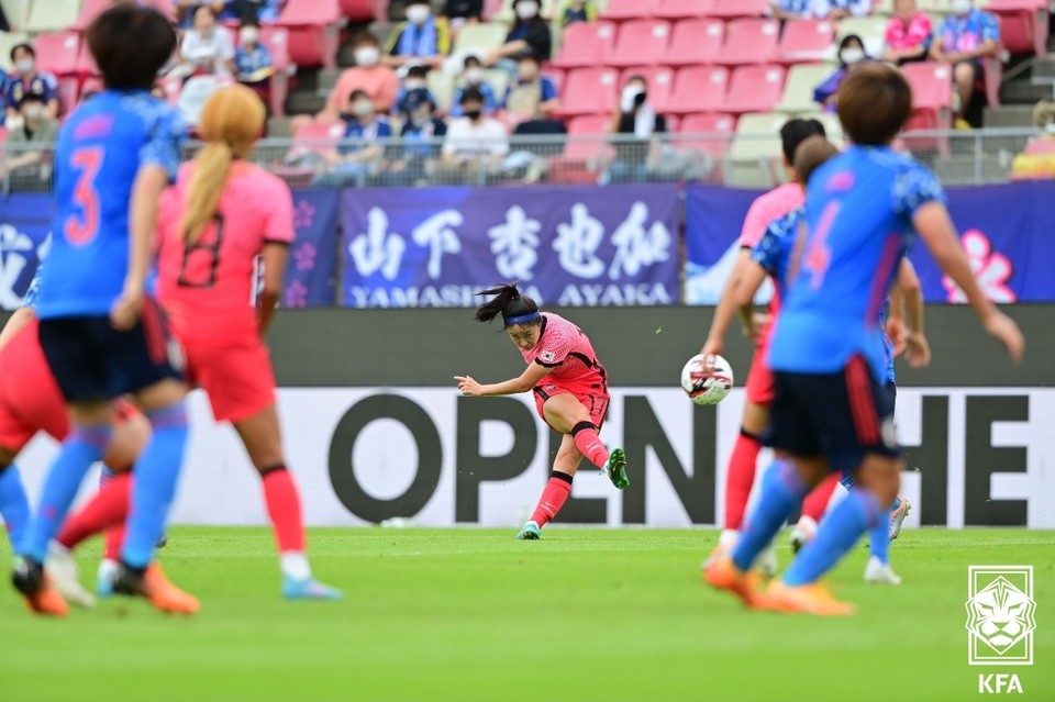 2022 EAFF E-1 챔피언십 일본과의 경기에서 이영주가 슛을 하고 있다. [대한축구협회 제공] 