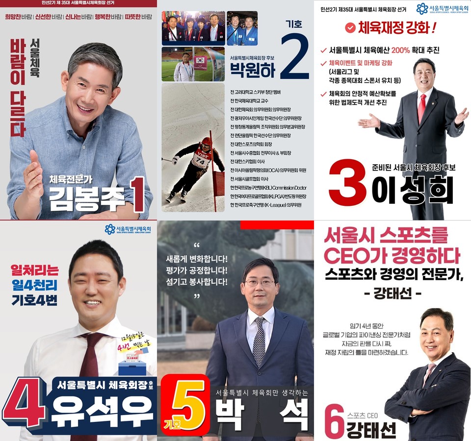 서울시체육회장 선거에는 6명의 후보가 경합하고 있다. (서울특별시체육회 홈페이지 캡처).