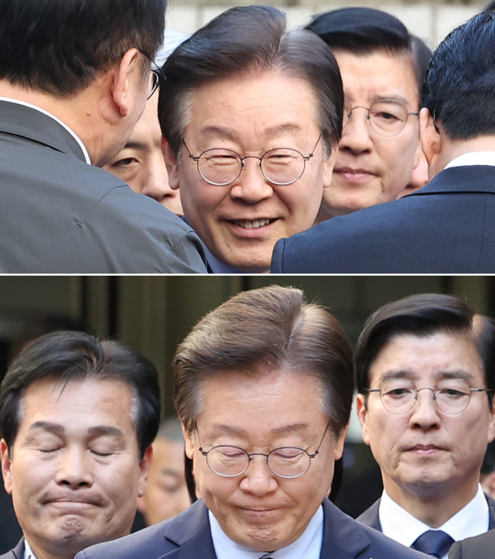 지난 15일 서울 서초구 서울중앙지법에서 열린 공직선거법 위반 혐의 관련 재판에 출석한 이재명 더불어민주당 대표의 법정 출석 (위)전과 후