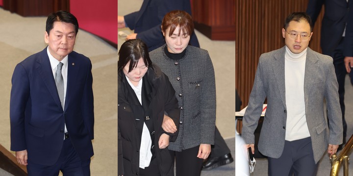 지난 7일 본회의에서 윤석열 대통령에 대한 탄핵소추안을 투표한 (왼쪽부터) 안철수 의원, 김예지 의원, 김상욱 의원