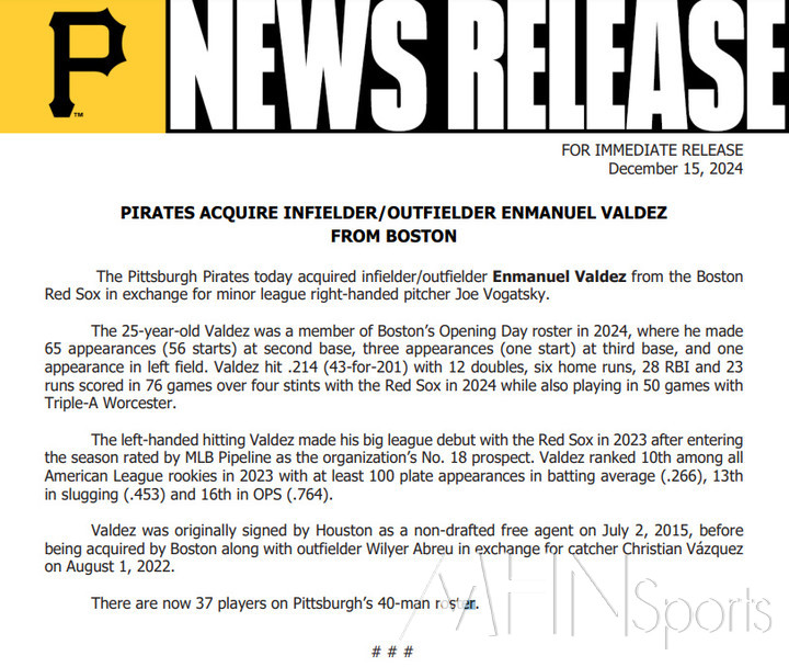 (발데즈 영입을 알린 피츠버그 구단 보도자료)