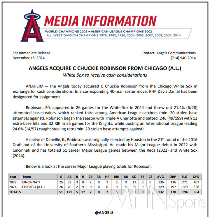 (포수 로빈슨 영입 관련 에인절스 구단 보도자료)