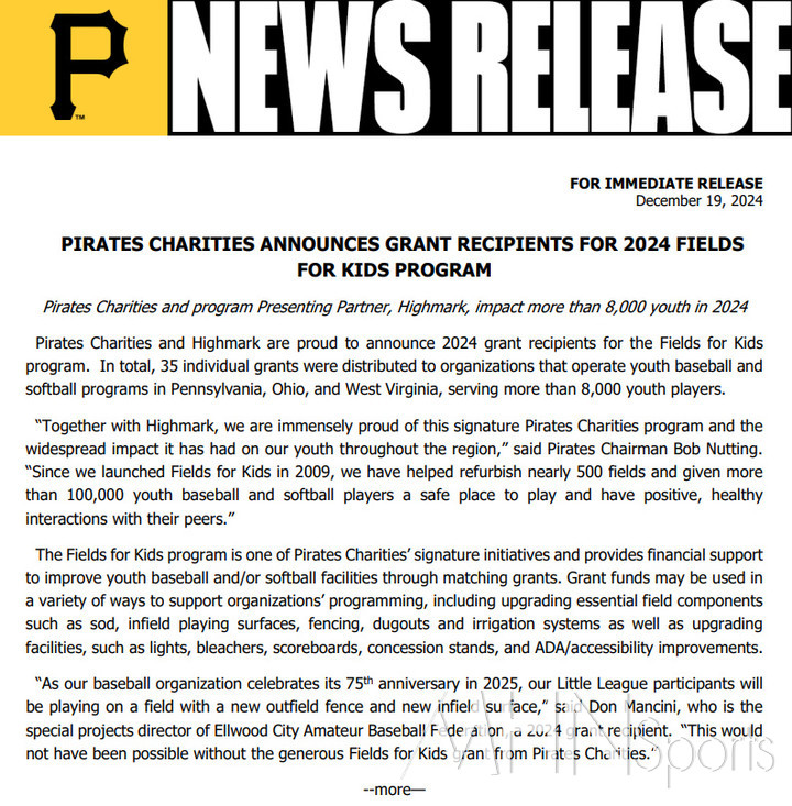 (피츠버그 구단 자선재단의 활동관련 보도자료)