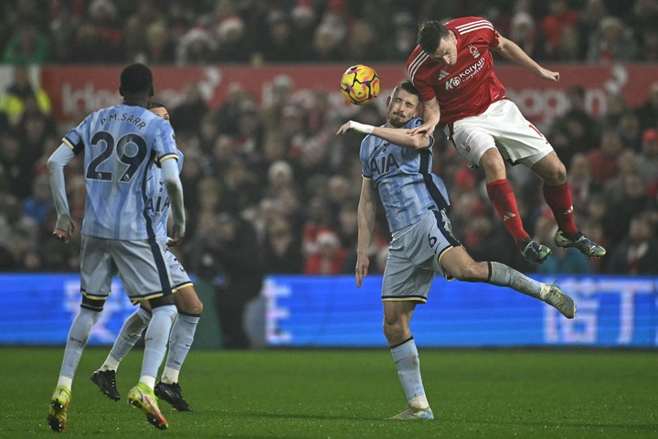 토트넘 라두 드라구신이 경합 중 충돌하고 있다