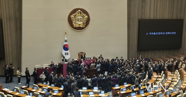 27일 서울 여의도 국회에서 열린 본회의에서 한덕수 대통령 권한대행 겸 국무총리에 대한 탄핵소추안 표결에 앞서 '과결 정족수'를 설정한 우원식 국회의장에게 항의하는 국민의힘 의원과 탄핵안을 투표하는 야당 의원들