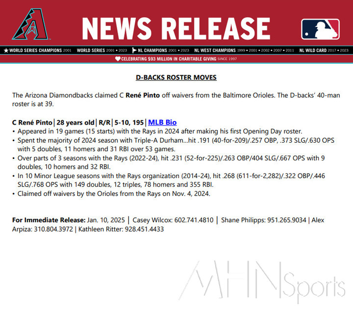 (핀토 영입소식을 전한 애리조나 구단 보도자료)