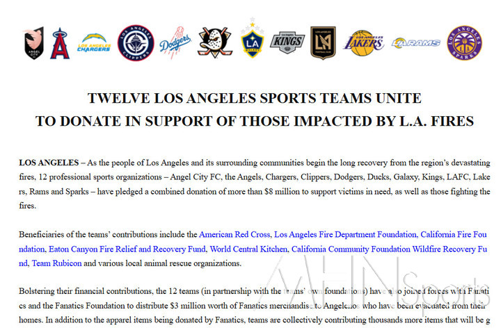 (LA 에인절스 구단이 14일 배포한 보도자료)