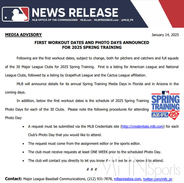 (메이저리그 사무국이 배포한 2025 스프링캠프 일정관련 보도자료)