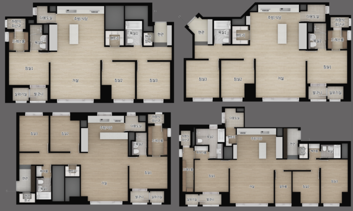 왼쪽 위부터 시계 방향으로 84㎡A, 84㎡B, 118㎡, 98㎡A