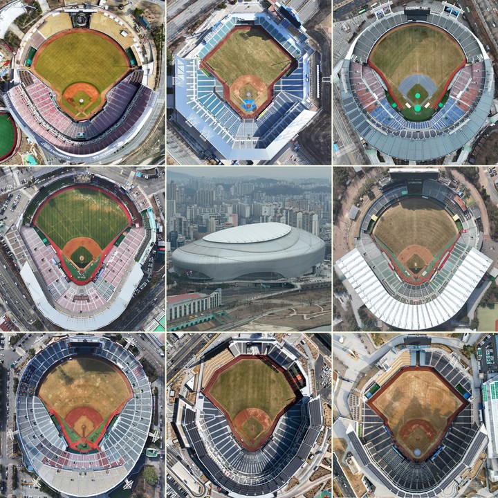 2025년 프로야구 개막 날이다. 2년 연속 천만 관중을 기대하는 프로야구, 이번 주말은 겨우내 야구를 기다렸던 팬들로 관중석이 가득 찰 것으로 기대된다.윗줄 왼쪽부터 광주 기아챔피언스필드, 대구 삼성라이온즈파크, 서울 잠실야구장, 가운데 줄 왼쪽부터 수원 kt위즈파크, 서울 고척스카이돔, 인천 SSG랜더스파크, 아랫줄 왼쪽부터 부산 사직야구장, 올해 첫선을 보이는 대전 한화생명볼파크, 창원 NC파크. 2025.3.19