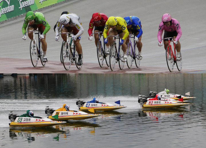 광명스피돔에서 열리는 경륜 경주(위 사진)와 미사리경정장에서 열리는 경정 경주.(사진 국민체육진흥공단 제공)