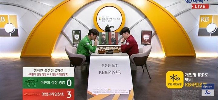 영림프라임창호 2지명 박민규 9단(오른쪽)과 마한의 심장 영암 3지명 박영훈 9단이 대결이 끝난 후 복기를 하고 있다.(사진 바둑TV 캡처)