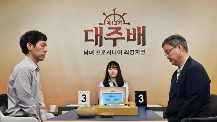 유창혁 9단(오른쪽)과 이창호 9단이 대주배 결승전을 벌이고 있다.(사진 K바둑 제공)