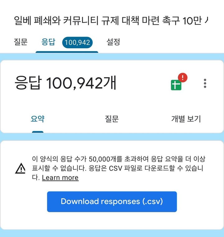 서명운동 응답자가 10만 명을 넘긴 모습이다.