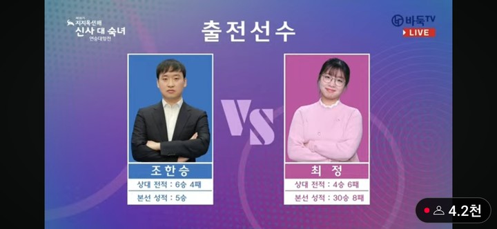 조한승 9단(왼쪽)과 최정 9단의 상대전적.(사진 바둑TV 캡처)