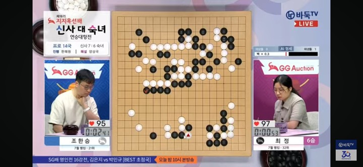 중반전까지 팽팽한 승부가 이어지고 있다.(사진 바둑TV 캡처)