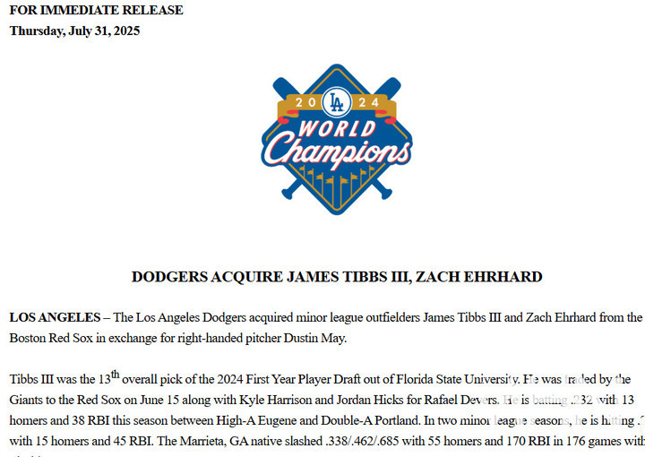 (더스틴 메이의 트레이드 소식을 전한 다저스 구단 보도자료)