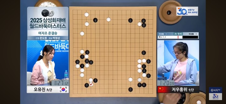 백을 잡은 오유진 9단이 초반부터 유리한 형세를 이끌고 있다.(사진 바둑TV 캡처)