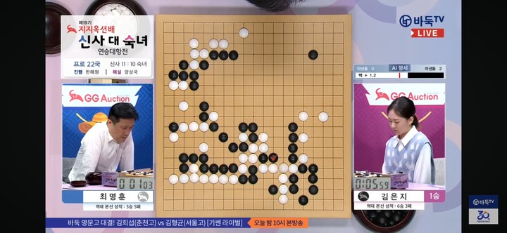 중반까지 팽팽한 승부가 이어지는 가운데 백이 약간 우세한 형국이다.(사진 바둑TV 캡처)