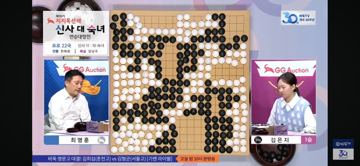 종국 후 계가한 결과 흑은 43집, 백은 22집으로 덤을 제하고 흑이 14집반을 남겼다.(사진 바둑TV 캡처)