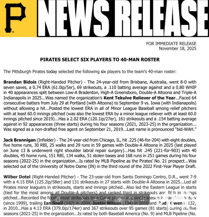 (피츠버그가 19일 배포한 구단 보도자료)