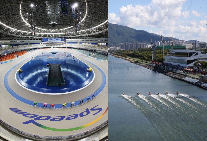 광명스피돔(왼쪽)과 미사리경정장 전경.(사진 국민체육진흥공단 제공)