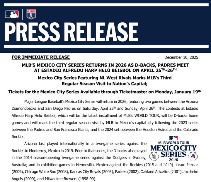 (2026 '멕시코 시리즈' 소식을 전한 메이저리그 사무국 보도자료)