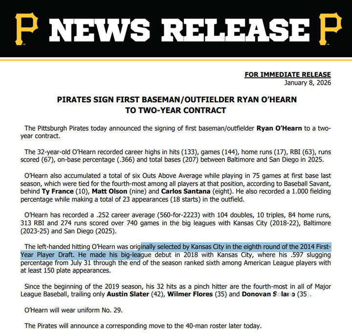 (오헌 계약소식을 전한 피츠버그 구단 보도자료)