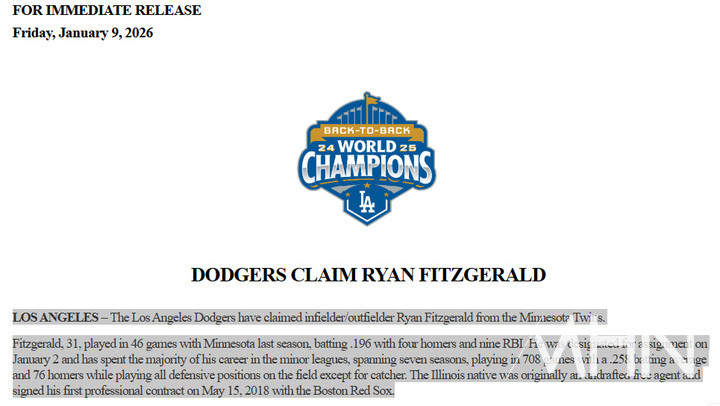 (피츠제럴드 영입소식을 담은 다저스 보도자료)