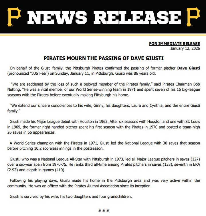 (저스티의 사망 소식을 전한 피츠버그 구단 보도자료)