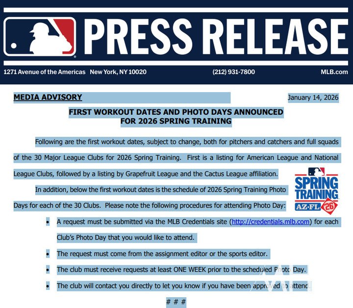 (메이저리그 사무국이 MHN에 보내온 2026 스프링캠프 일정관련 보도자료)