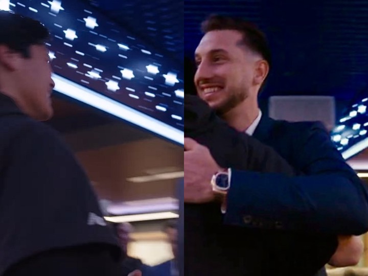 오타니 쇼헤이와 카일 터커가 서로의 얼굴을 확인하고 포옹을 나눈다.