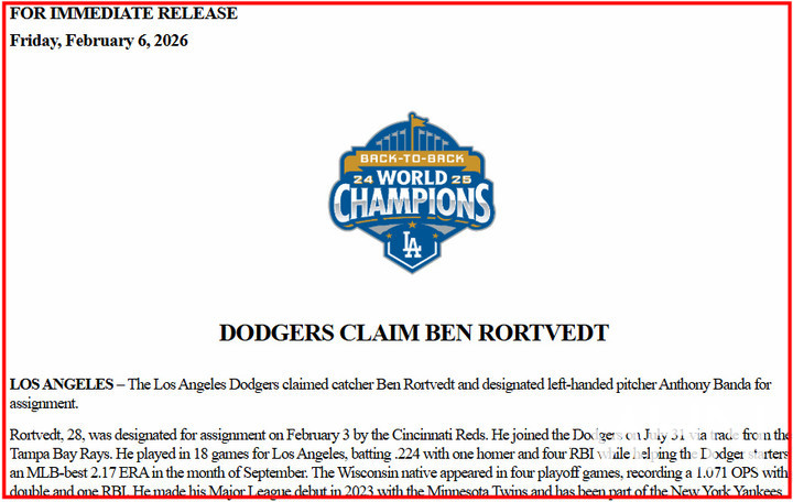 (다저스가 MHN에 보내온 밴다 방출 관련 보도자료)