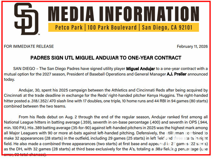 (샌디에이고 구단이 12일 MHN에 보내온 안두하 영입관련 보도자료)