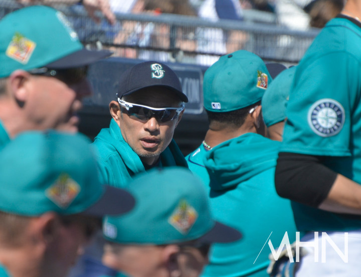 ('야구천재' 이치로가 21일(한국시간) 미국 애리조나주에서 열린 시애틀의 스프링캠프 경기를 더그아웃에서 지켜보고 있다)