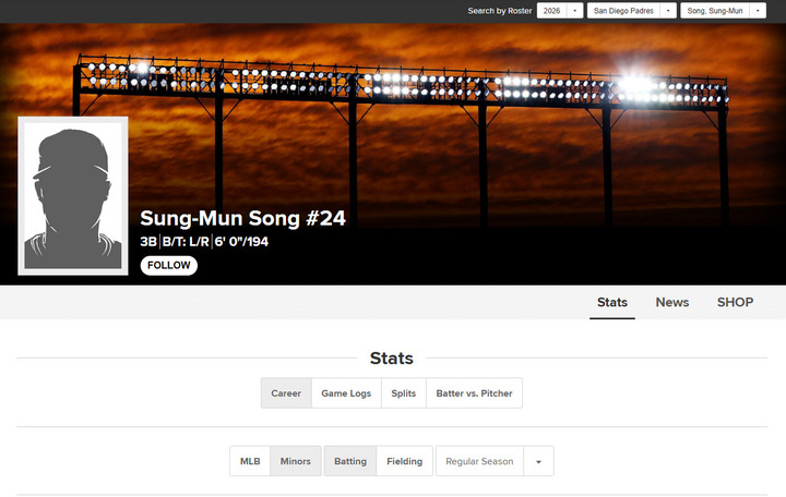 (메이저리그 송성문 선수의 프로필 페이지. 사진이 없다)