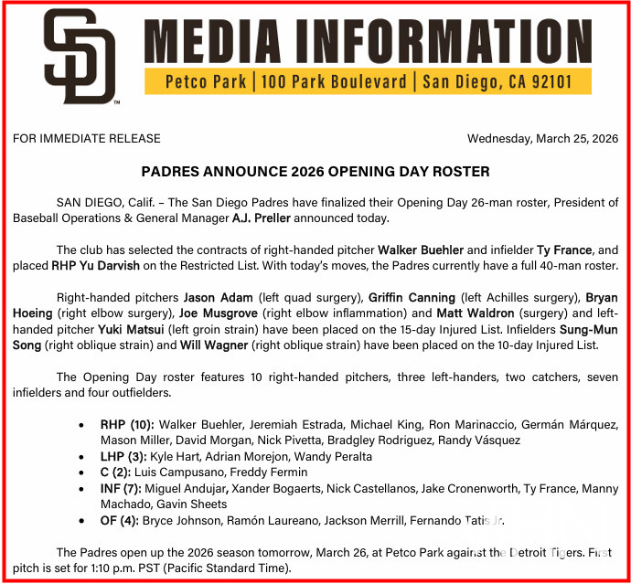 (샌디에이고 구단이 26일(한국시간) MHN에 보내온 2026 개막전 로스터 관련 보도자료)