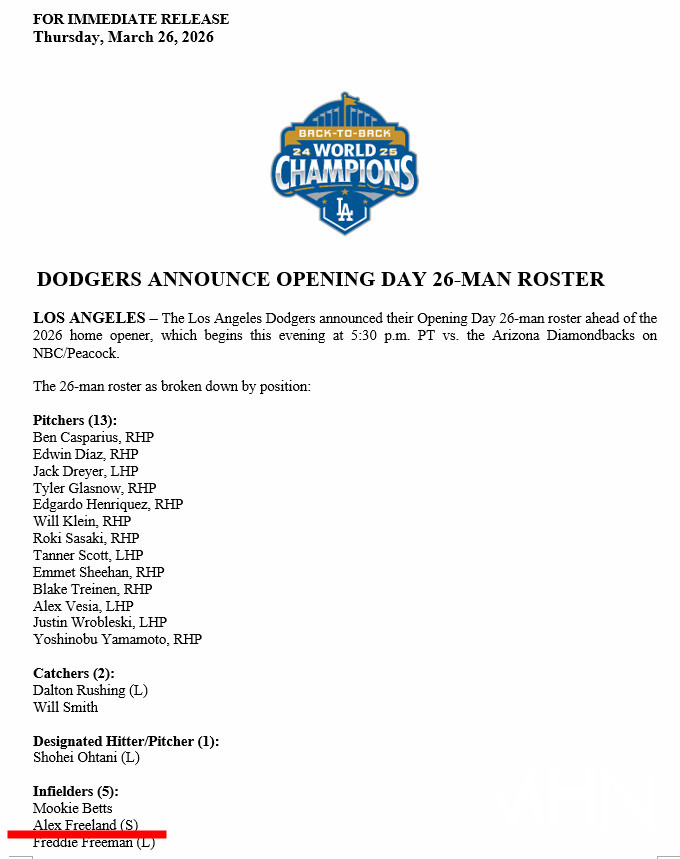 (다저스 구단이 MHN에 보내온 2026 개막전 26인 로스터 명단. 하단에 알렉스 프리랜드의 이름이 보인다)