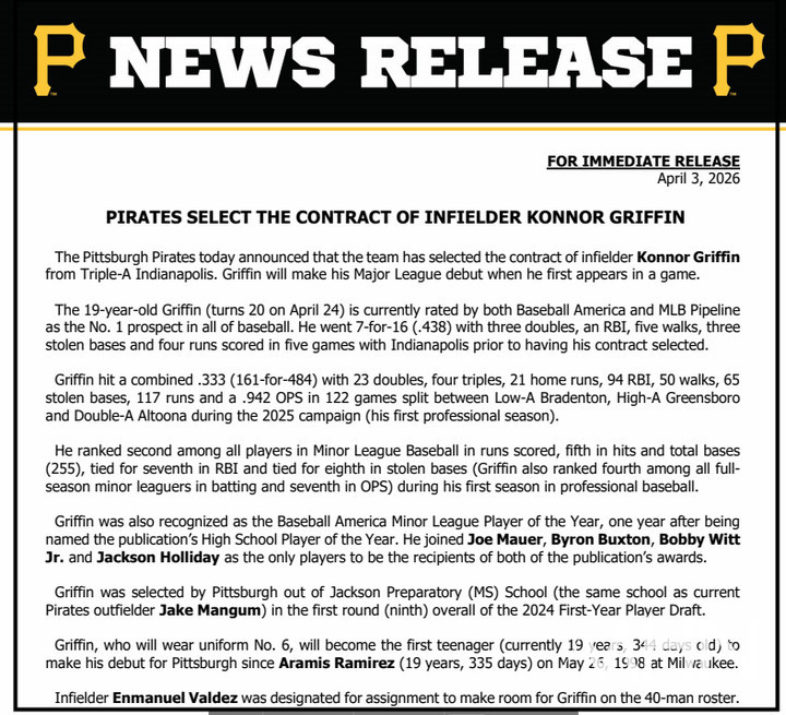 (피츠버그가 4일 MHN에 보내온 구단 보도자료. 그리핀의 공식 빅리그 콜업소식을 담고있다)