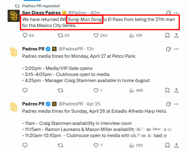 (송성문의 마이너리그 강등소식을 전한 샌디에이고 구단 홍보팀 SNS)